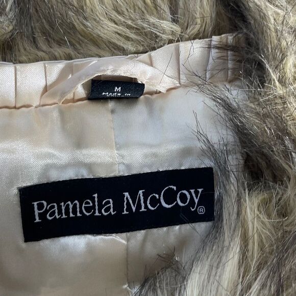 Pamela McCoy Brown/Tan/Cream Faux Fur Front Zip Side Slit Pocket Vest Sz M - Picture 4 of 8